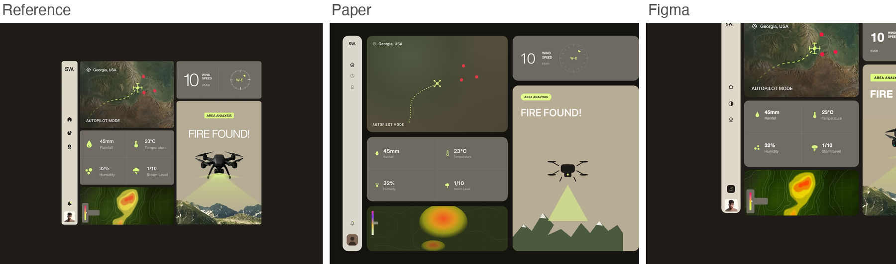 Reference for drone, dark drone fire-monitoring dashboard, next to Paper's and Figma's best-of-three recreations