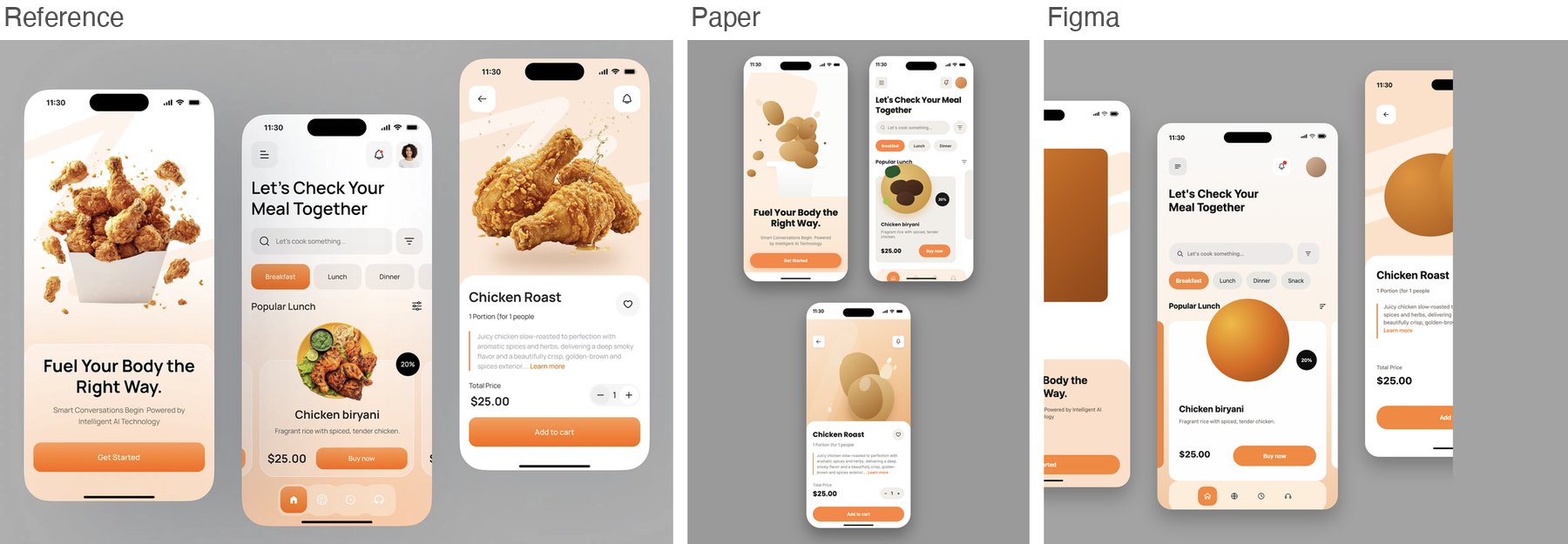 Reference for food, orange food app on three phones, next to Paper's and Figma's best-of-three recreations