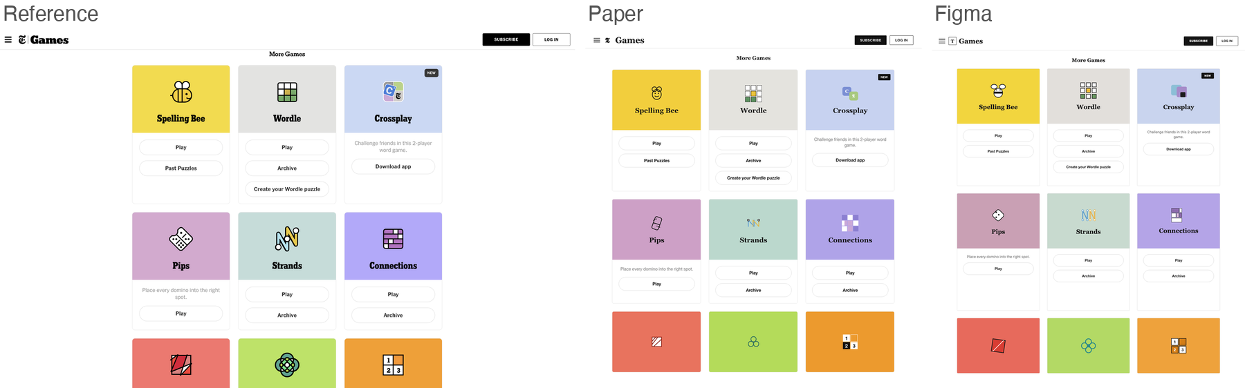 Reference for games, puzzle games card grid, next to Paper's and Figma's best-of-three recreations