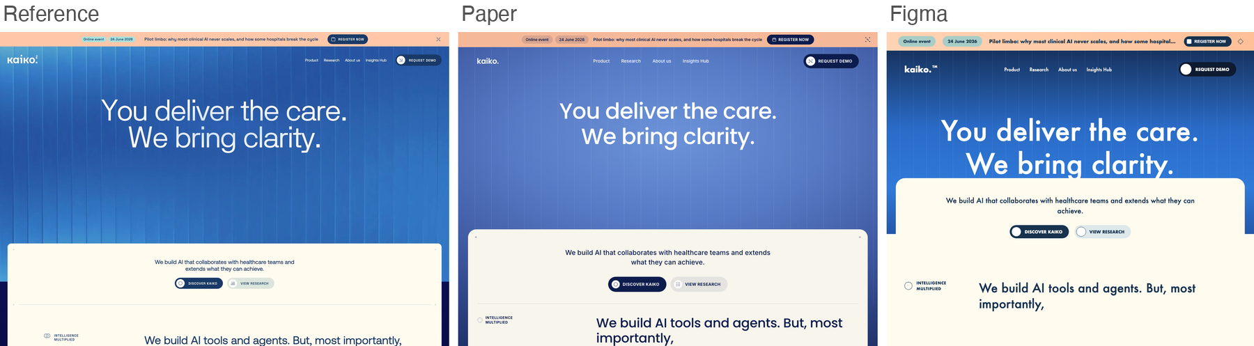 Reference for kaiko, blue gradient healthcare hero, next to Paper's and Figma's best-of-three recreations