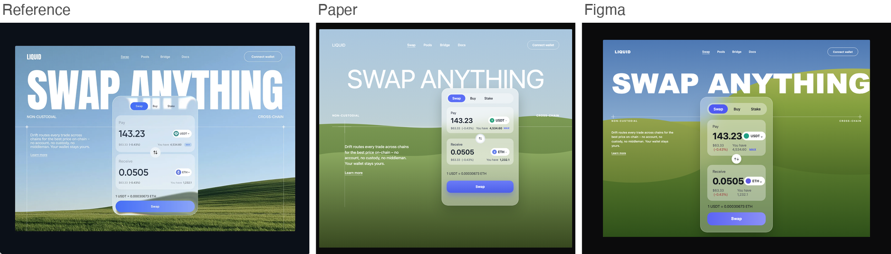 Reference for liquid, glassmorphism swap widget over a grassy field, next to Paper's and Figma's best-of-three recreations