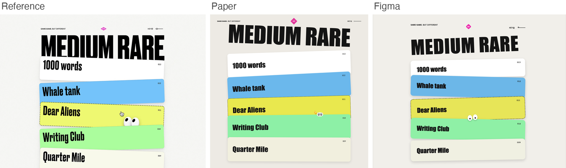 Reference for medium, bold stacked type cards, next to Paper's and Figma's best-of-three recreations