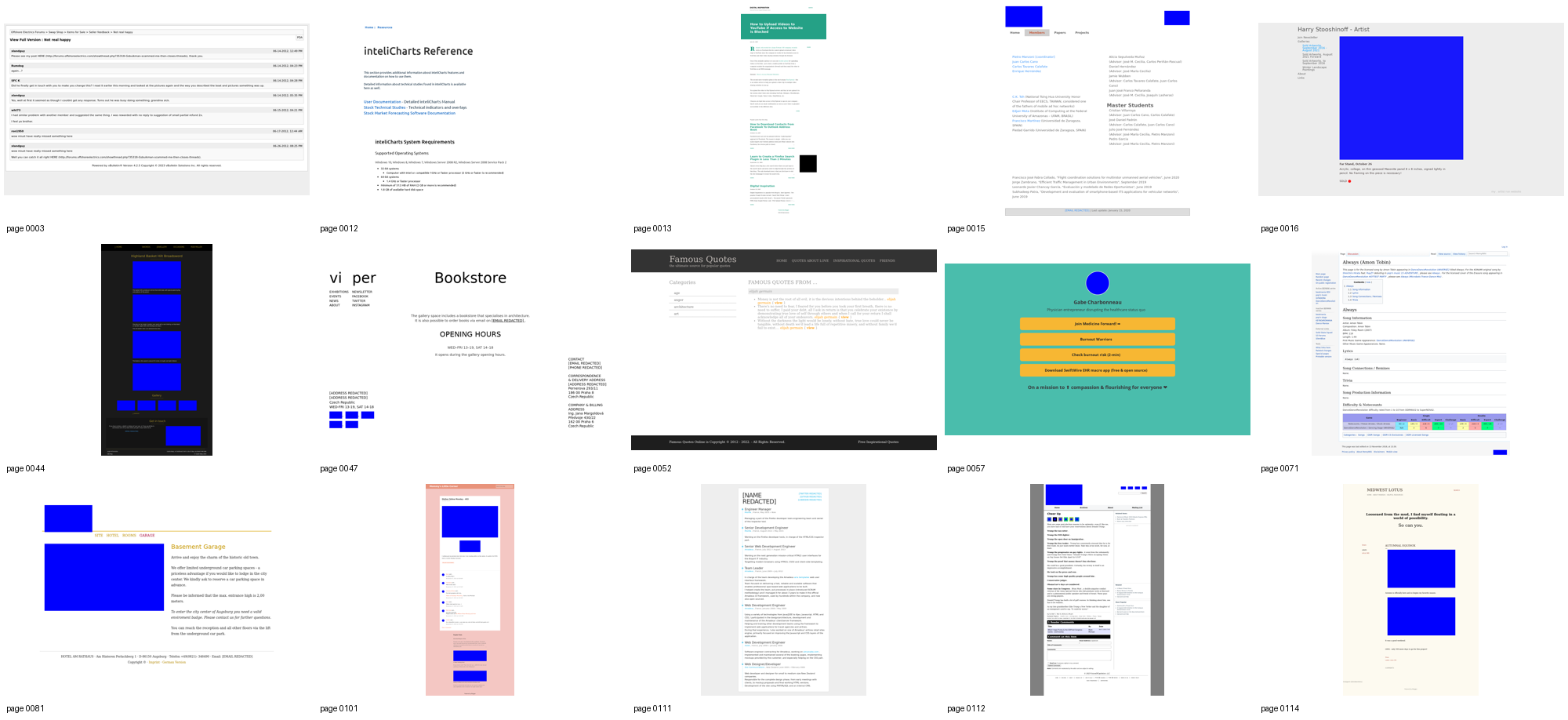 Contact sheet of 15 of the 40 sampled Design2Code pages, each labeled with its benchmark page number. The set includes forum threads, artist portfolios, documentation sites, personal blogs, small-business pages, and quote and jokes sites. Many pages contain solid blue rectangles where photos would be.