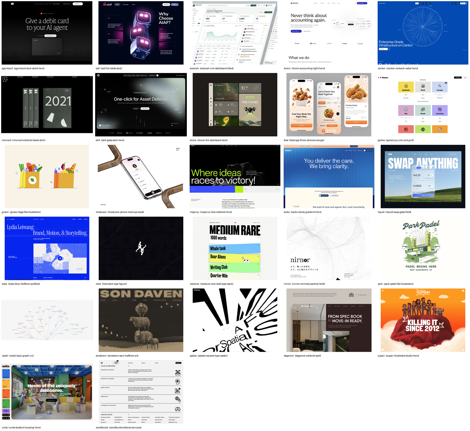 Contact sheet of all 27 complex designs with their short names: agentcard, aiaf (3D robots), amanah (CRM dashboard), bronn, canton, chenard, defi (glass hero), drone (fire dashboard), food (app phones), games, grocer, horsecare, inspirux, kaiko, liquid (glass swap widget), lydia, med, medium (bold type stack), nirnor, park (flat illustration), radial (topic graph), sondaven, spatial, stageone, supari, units, and worldbuild.